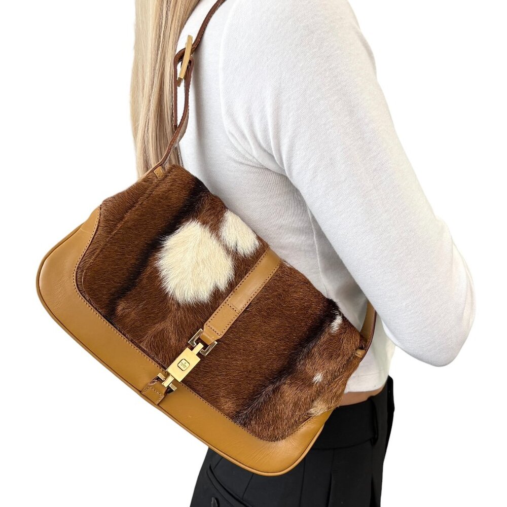 GUCCI Vintage Jackie Cow Pony Calf Hair Shoulder Bag Camel Leather [106085]